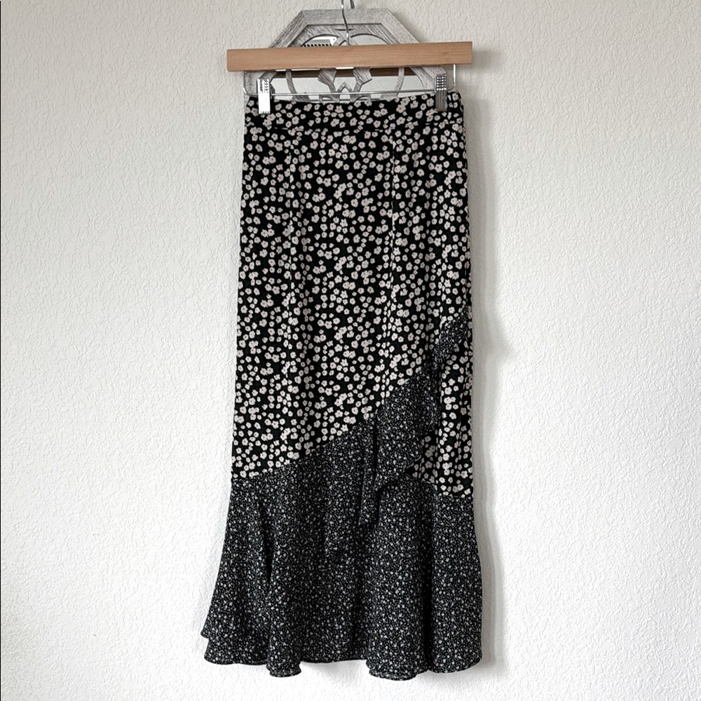 Sadie & Love • Dainty Floral Ruffle Asymmetrical Mixed Media Wrap Maxi Skirt